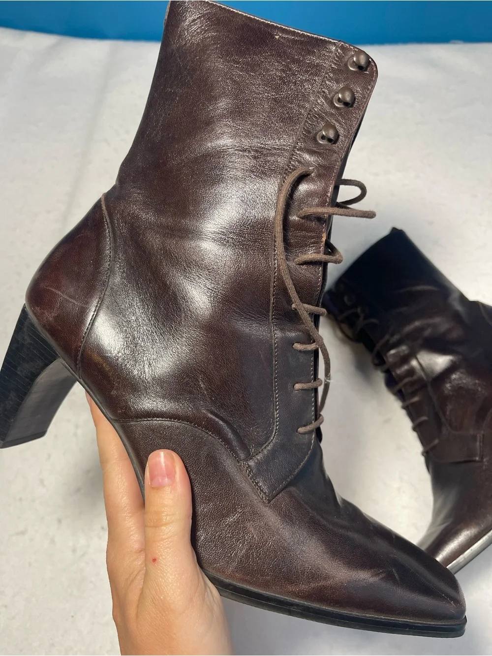 Etienne Aigner Brown Leather Lace-Up Ankle Boots Square Toe Block Heel Size 9W
